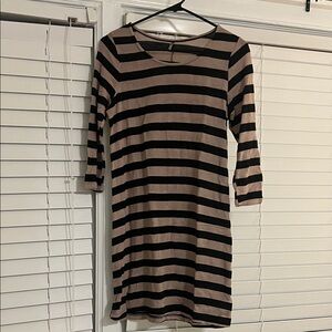 Elegant Black and Tan Striped Long Sleeve Dress